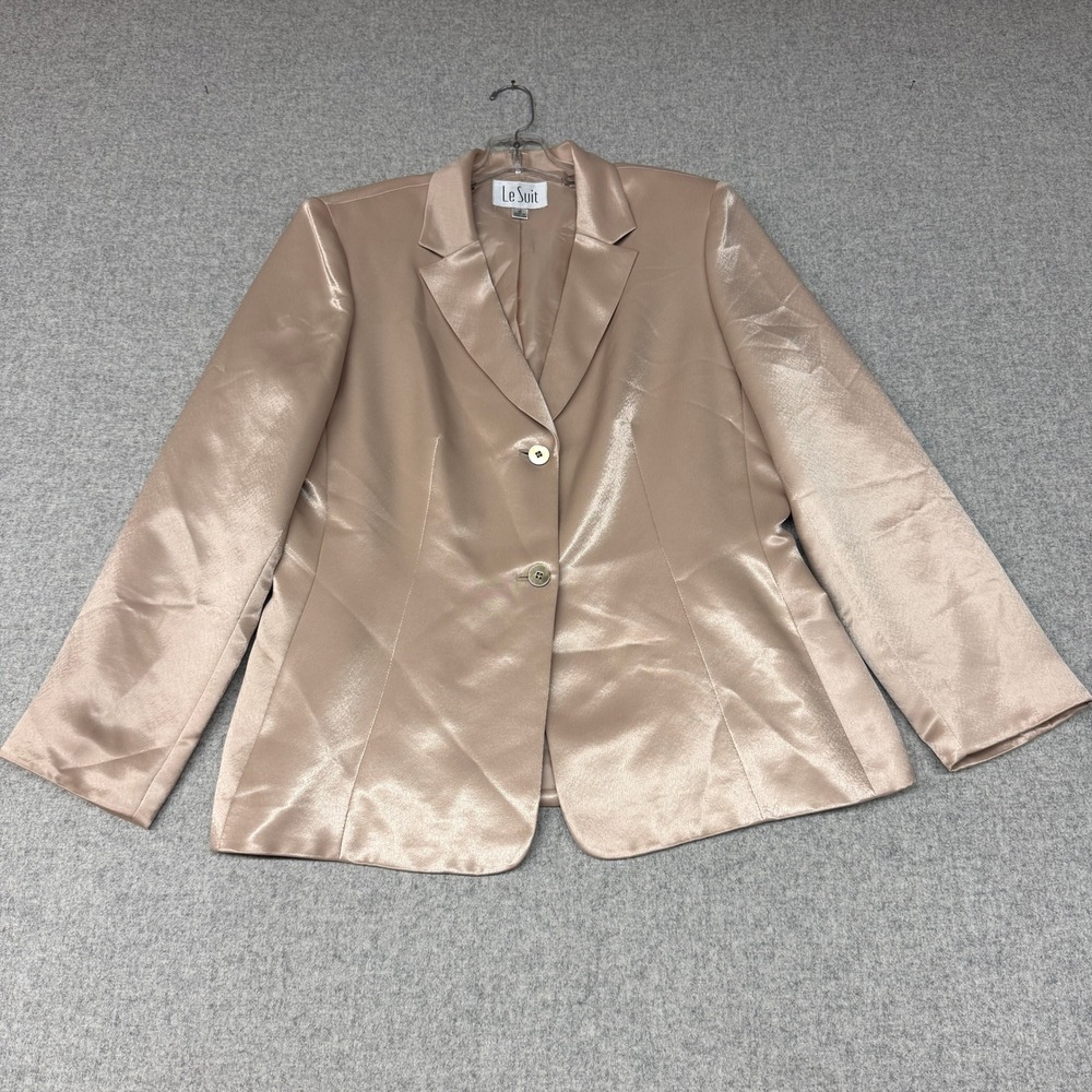 Le Suit Blazer Size 14 Champagne Beige Shimmer Satin Two Button Formal Office